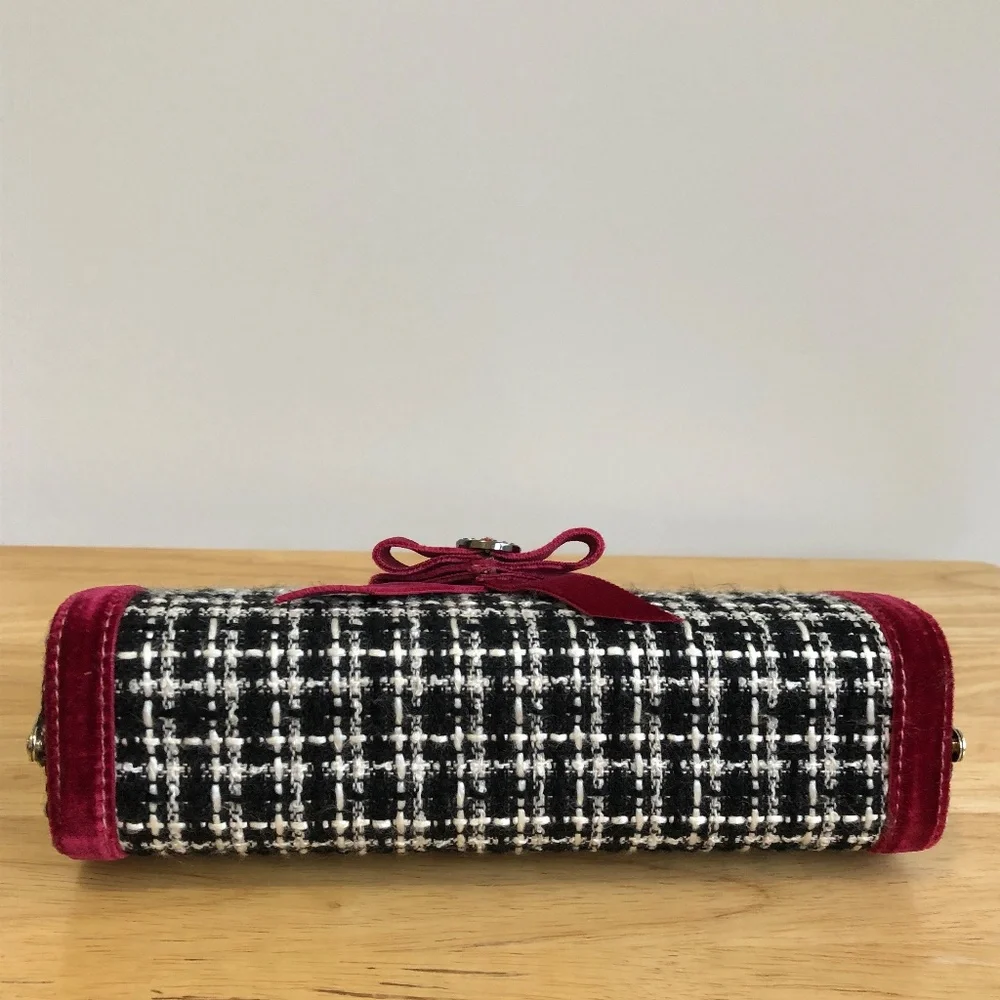Tweed velvet bow bag purse retro kisslock style black white burgundy diamantés - Picture 4 of 6